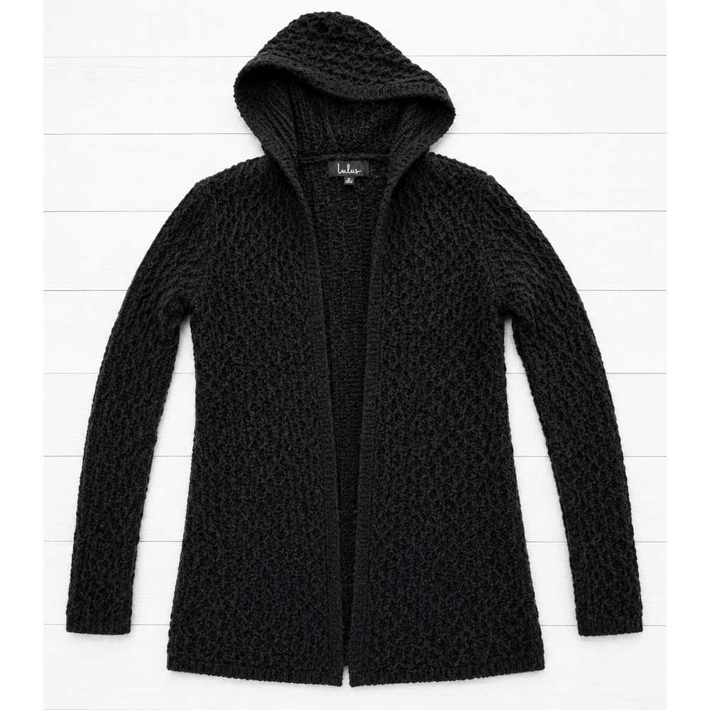 Lulus Black Hooded Longline Cardigan Open Knit Sweater Small Crochet Style Boho